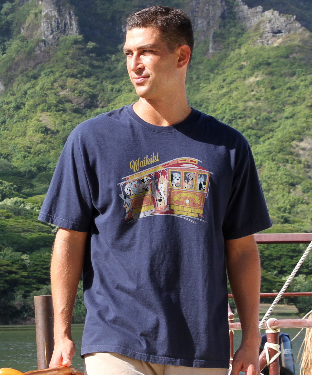 Man wearing a navy blue t-shirt with a graphic design, standing outdoors with greenery in the background. View 2