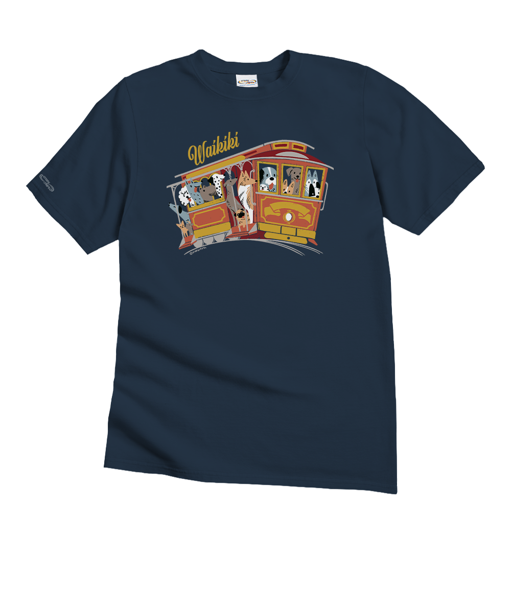 Navy blue t-shirt with a colorful graphic of a cable car and 'Waikiki' text on a white background View 1