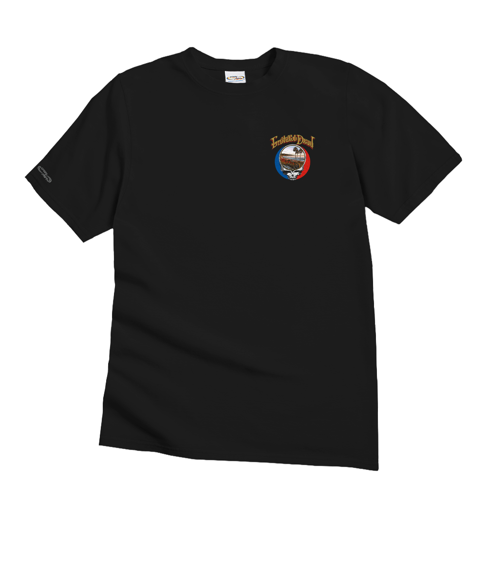 Black t-shirt with a colorful logo on the chest against a white background View 4