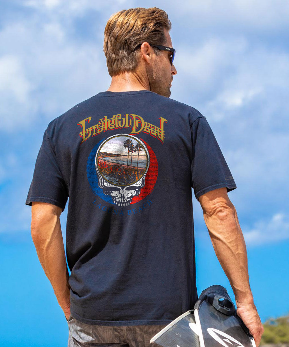 Man wearing a Grateful Dead t-shirt with a scenic design outdoors View 2
