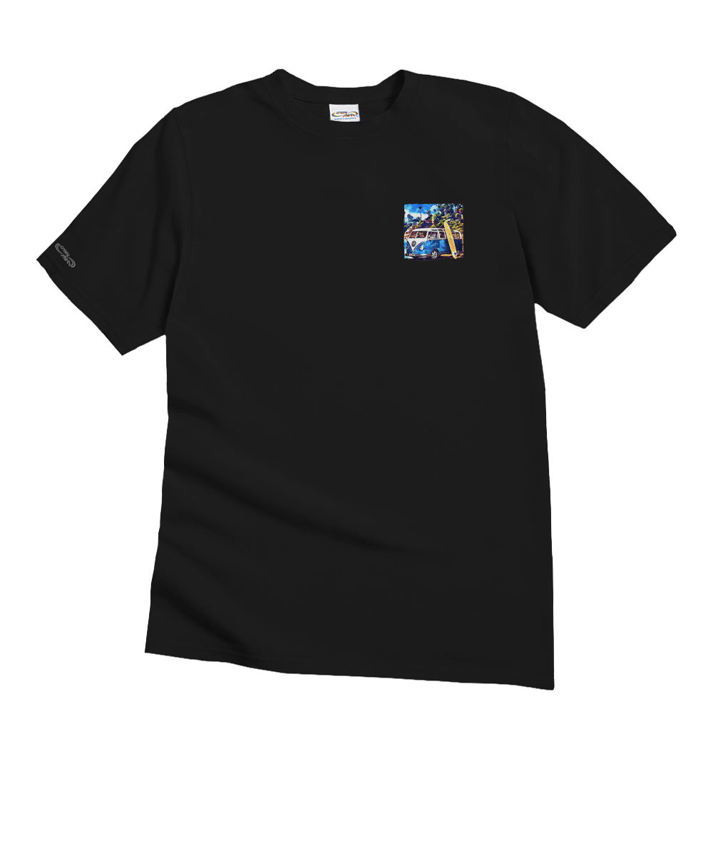 Black t-shirt with a small colorful graphic on the chest against a white background View 4