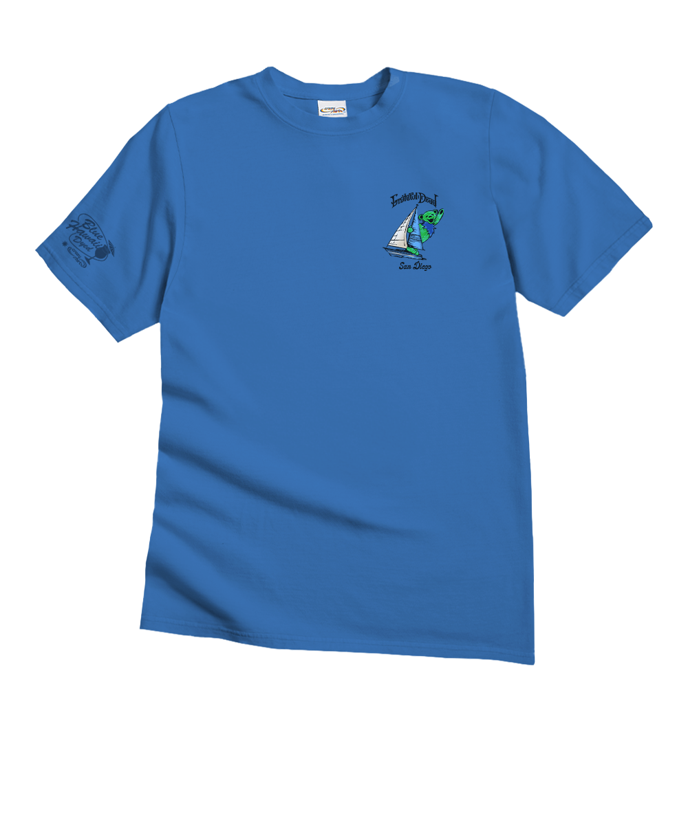 Blue t-shirt with a sailboat design on a white background View 4