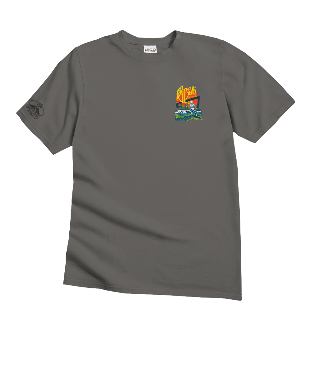 Gray t-shirt with a colorful pocket design against a white background View 4