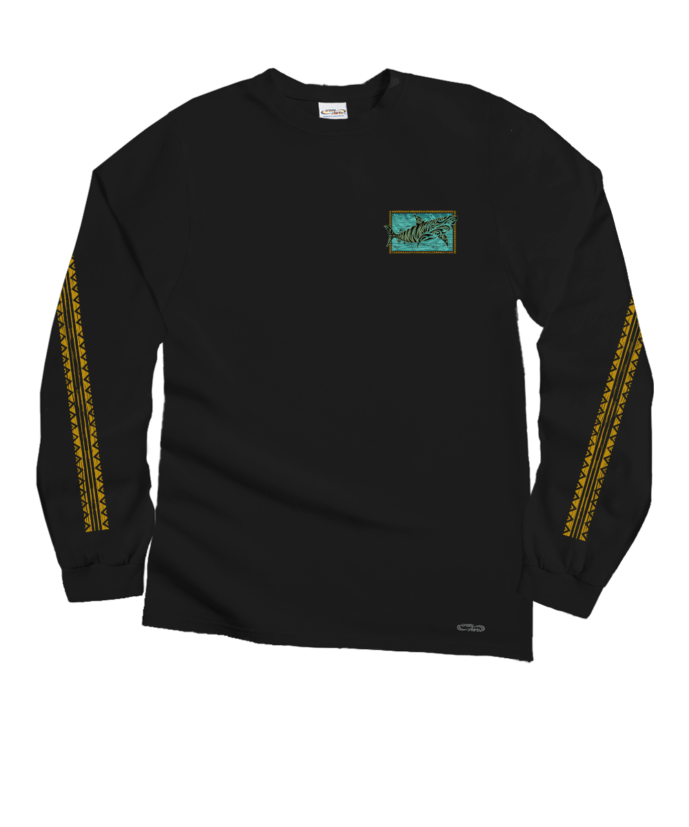 Black long-sleeve shirt with a shark graphic on the chest and patterns on the sleeves against a white background View 4