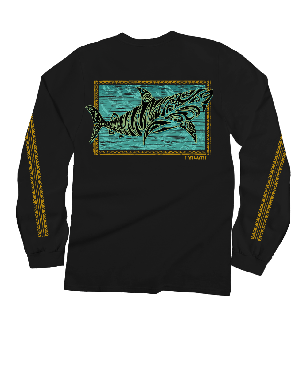 Black long-sleeve shirt with shark design with patterns along the sleeves on a white background View 1