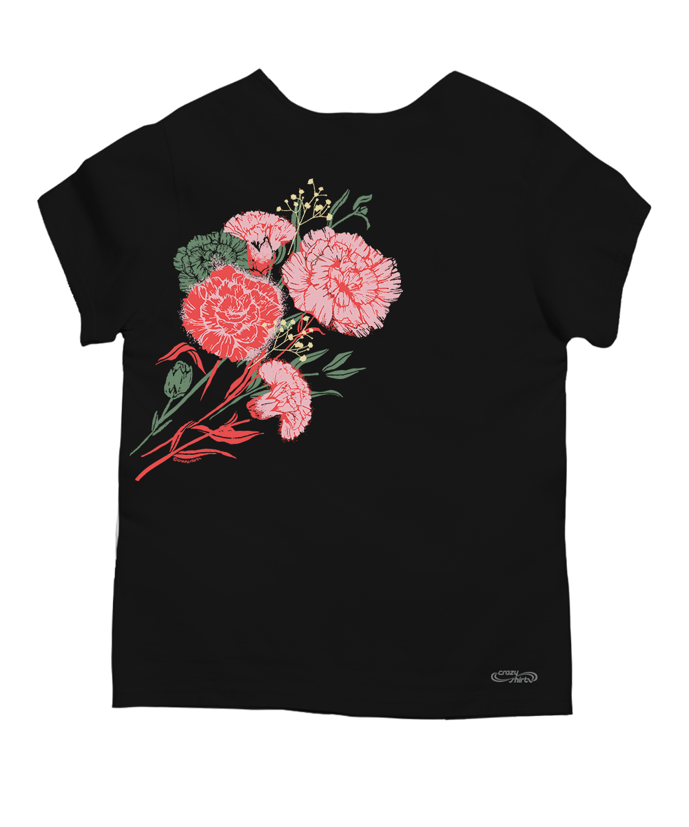 Black t-shirt with pink floral design on a white background View 4