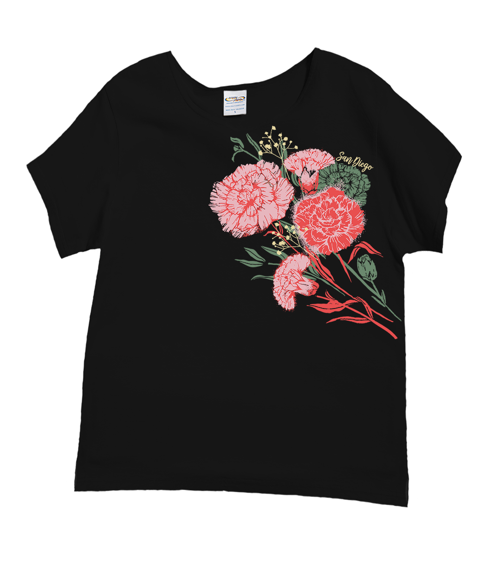 Black t-shirt with pink floral design on a white background View 1