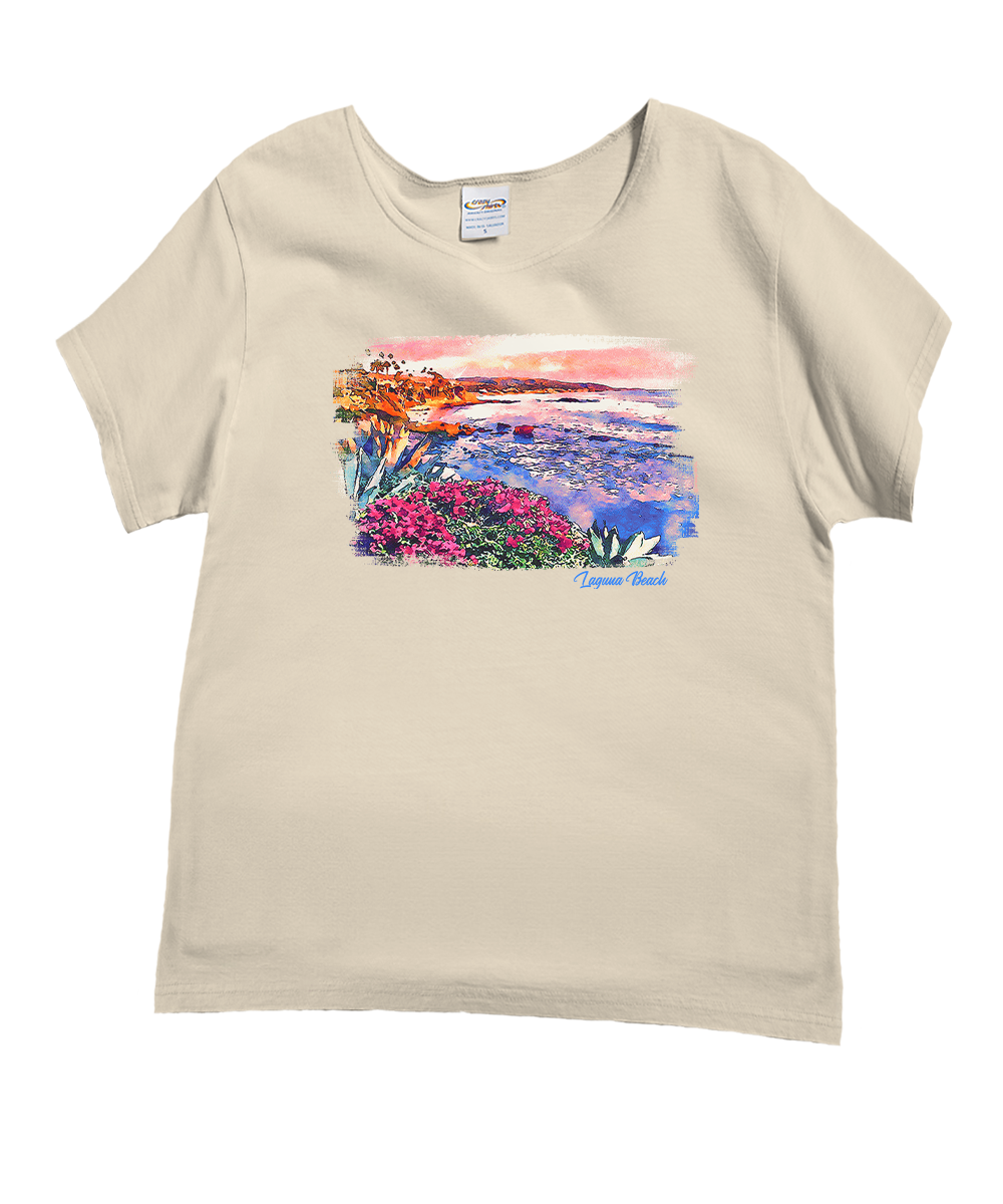Beige t-shirt with a colorful nature graphic on a white background View 1