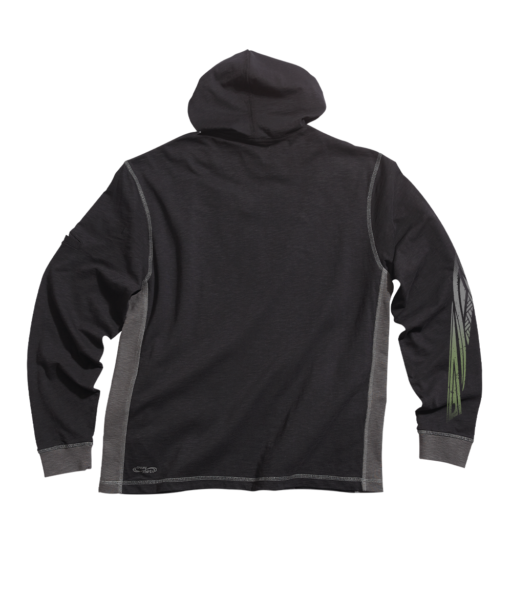 Dark gray hoodie with light gray accents and tribal sleeve design on a white background View 4