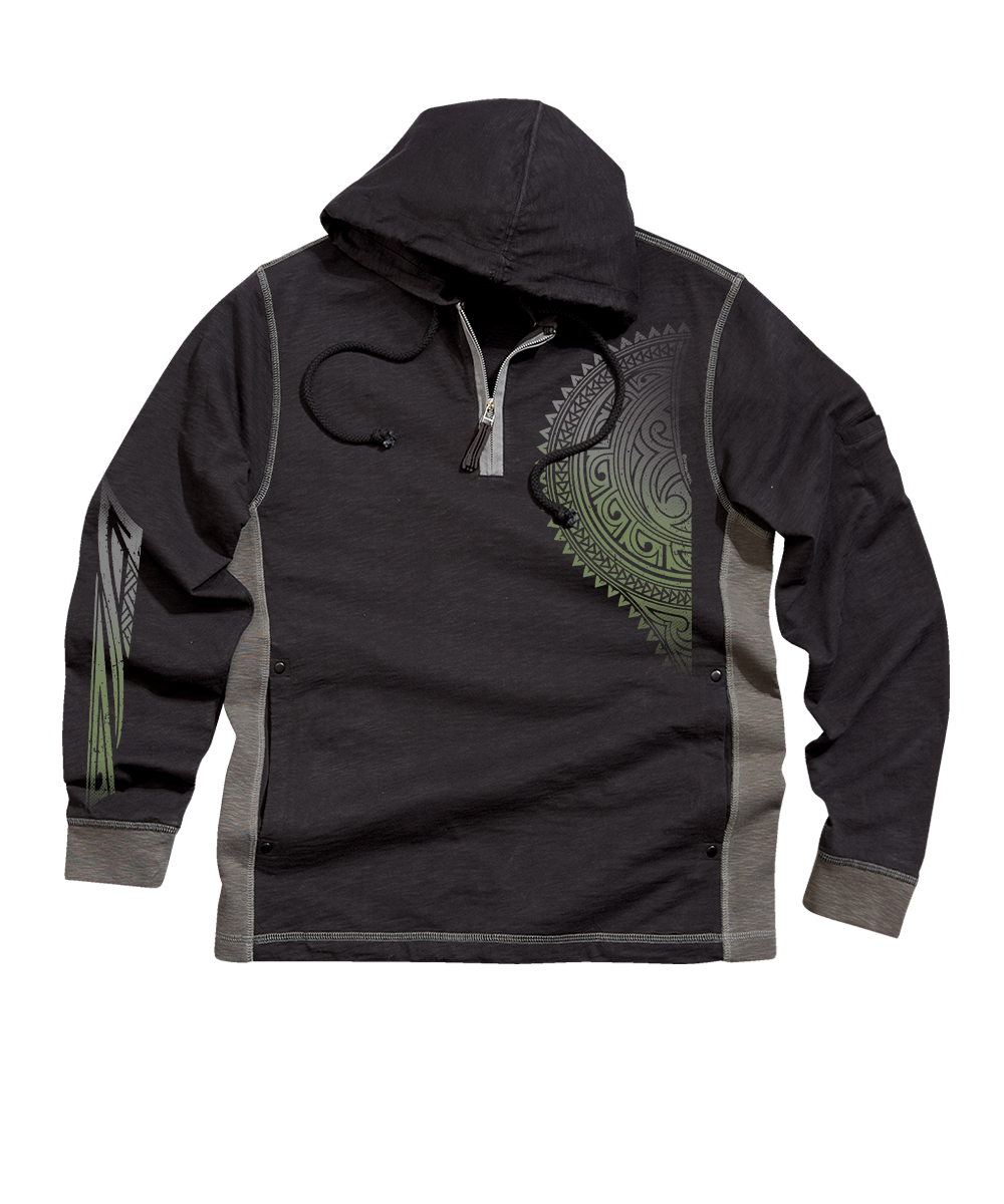 Dark gray hoodie with light gray accents with green tribal pattern on a white background View 1