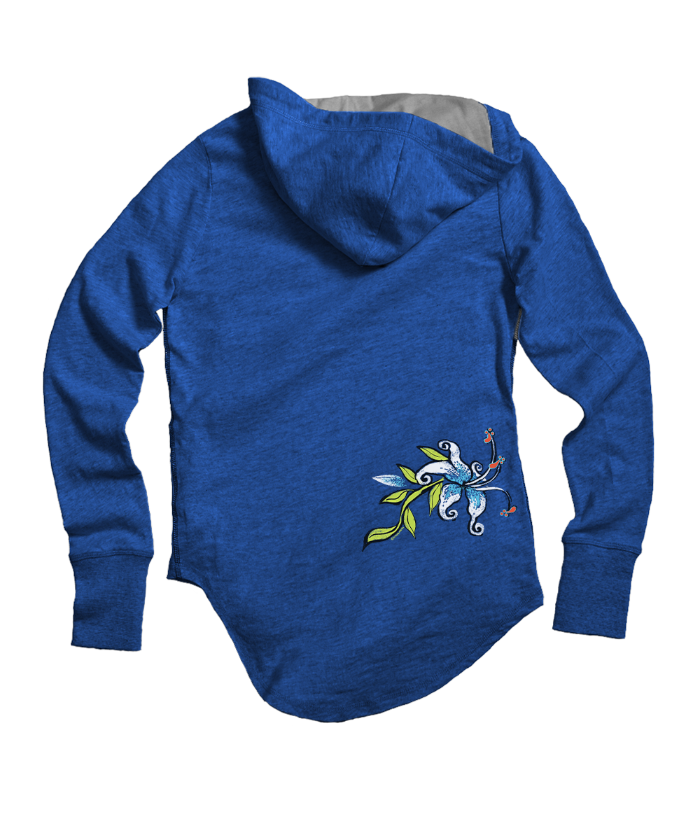 Blue hoodie with floral design on the back against a white background View 4