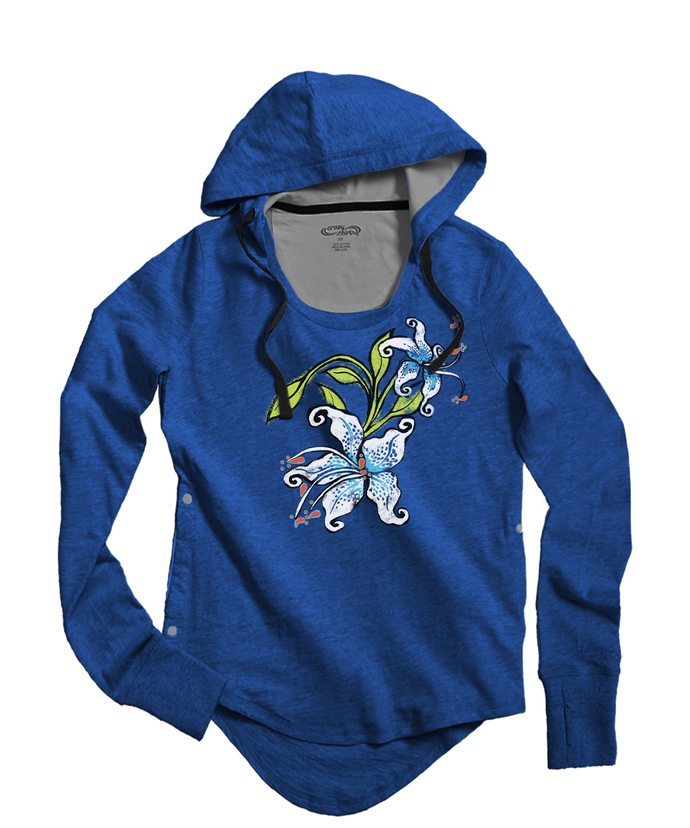Blue hoodie with floral design on a white background View 1