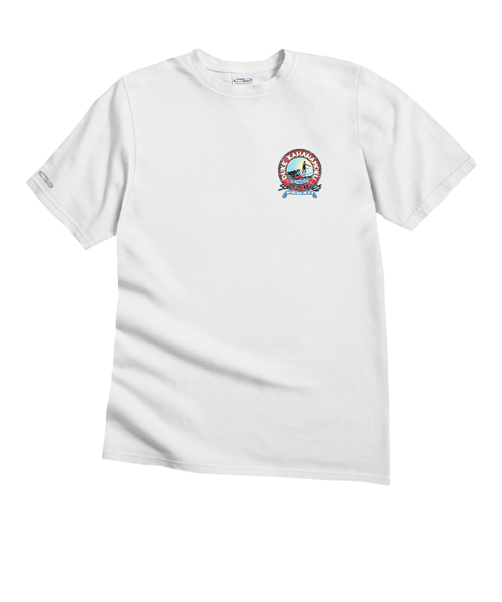 White t-shirt with a colorful logo on a white background View 4