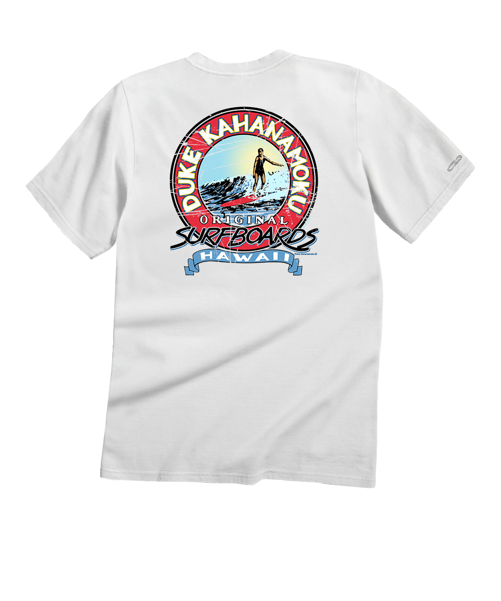 White t-shirt with Duke Kahanamoku logo on a white background View 1