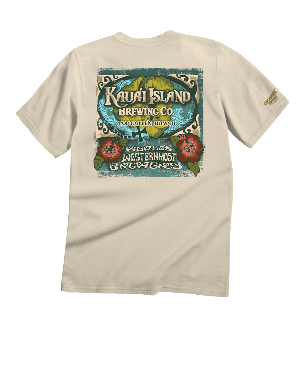 Light beige t-shirt with Kauai Island Brewing Co. graphic on a white background View 1
