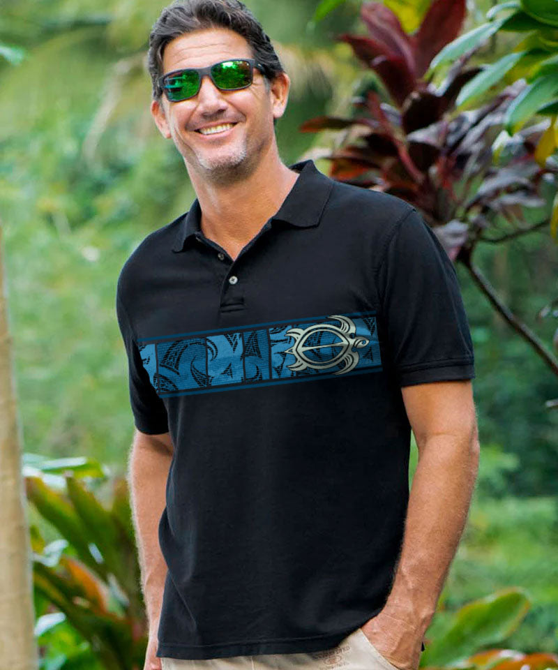 Honu Waa Band - Black Short Sleeve Oceanfront Polo Shirt