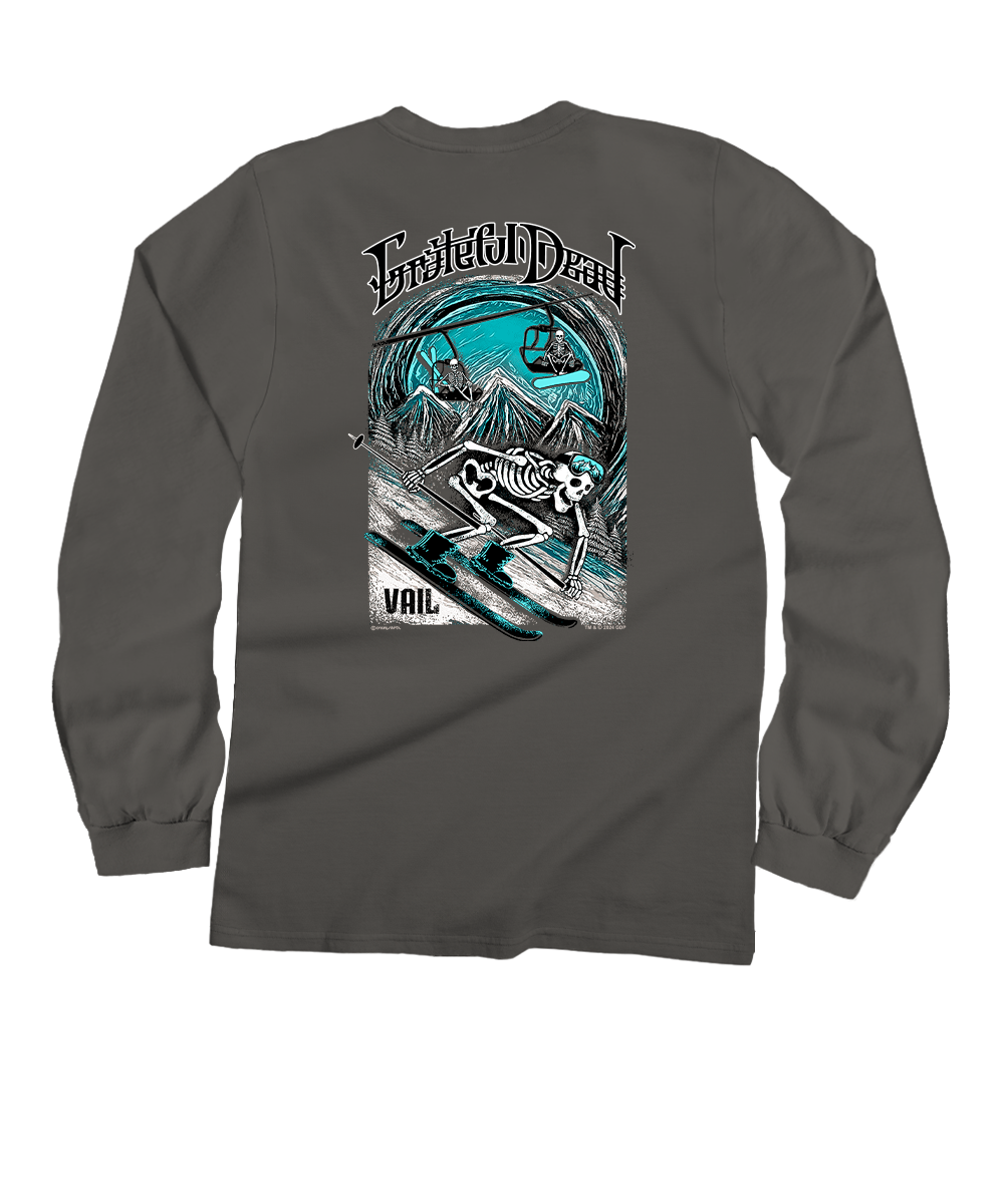 Gray long-sleeve shirt with a graphic design on the back, featuring text and artistic elements. View 1