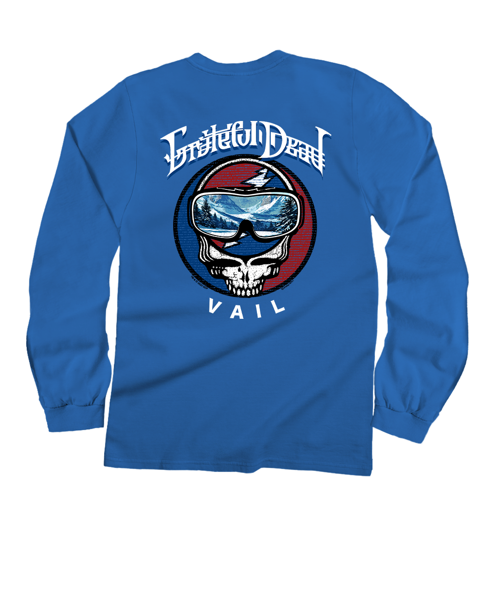 Blue long-sleeve shirt with Grateful Dead logo and 'Vail' text on a white background View 1