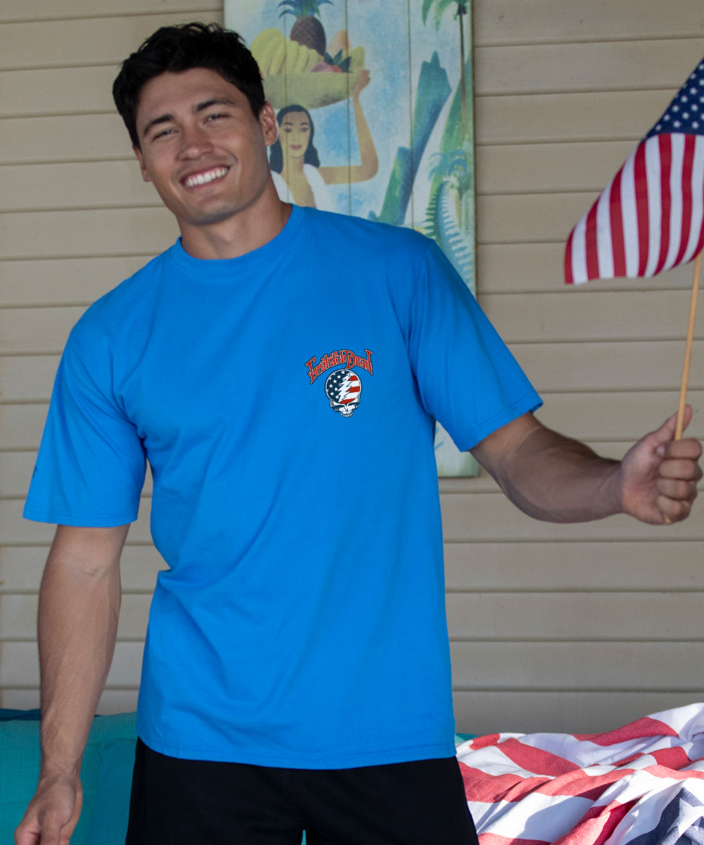 Grateful Dead American Flag - Blue Hawaii Dyed Short Sleeve Crewneck T-Shirt