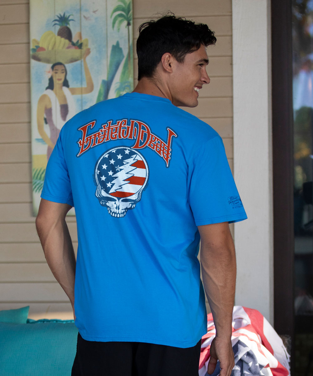 Grateful Dead American Flag - Blue Hawaii Dyed Short Sleeve Crewneck T-Shirt