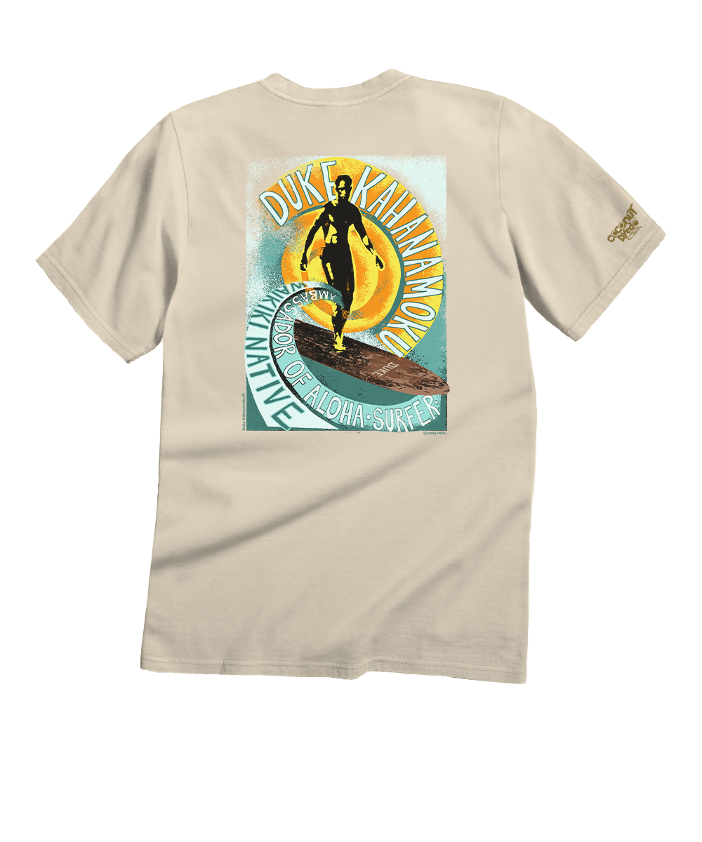 Light beige t-shirt with a graphic of a person on a surfboard and text on the back, on a white background. View 1