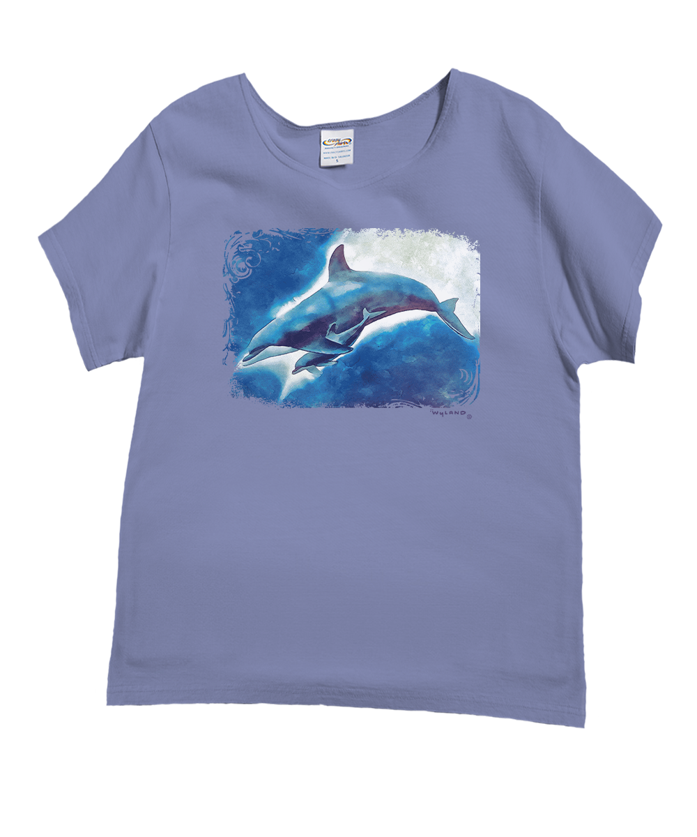 Blue t-shirt with a dolphin graphic on a white background