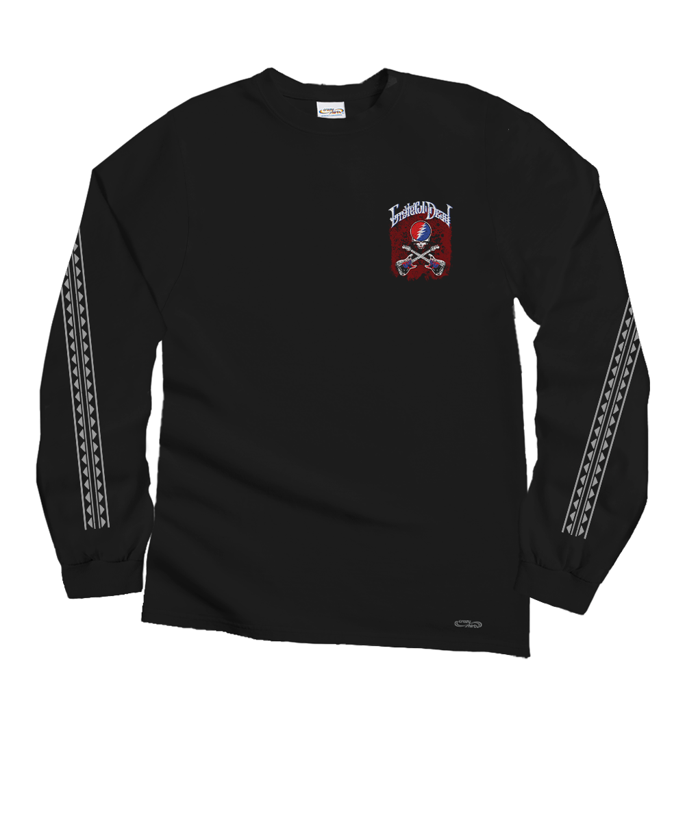 Black long-sleeve shirt with sleeve design a graphic pocket design on a white background View 4
