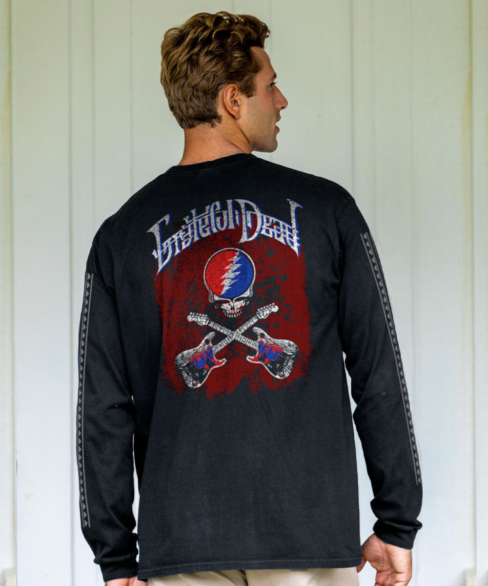 Man wearing a black long-sleeve shirt with Grateful Dead logo on the back and sleeve designs View 2