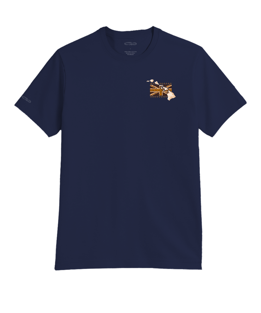 Navy blue t-shirt with a small graphic on the chest against a white background View 4