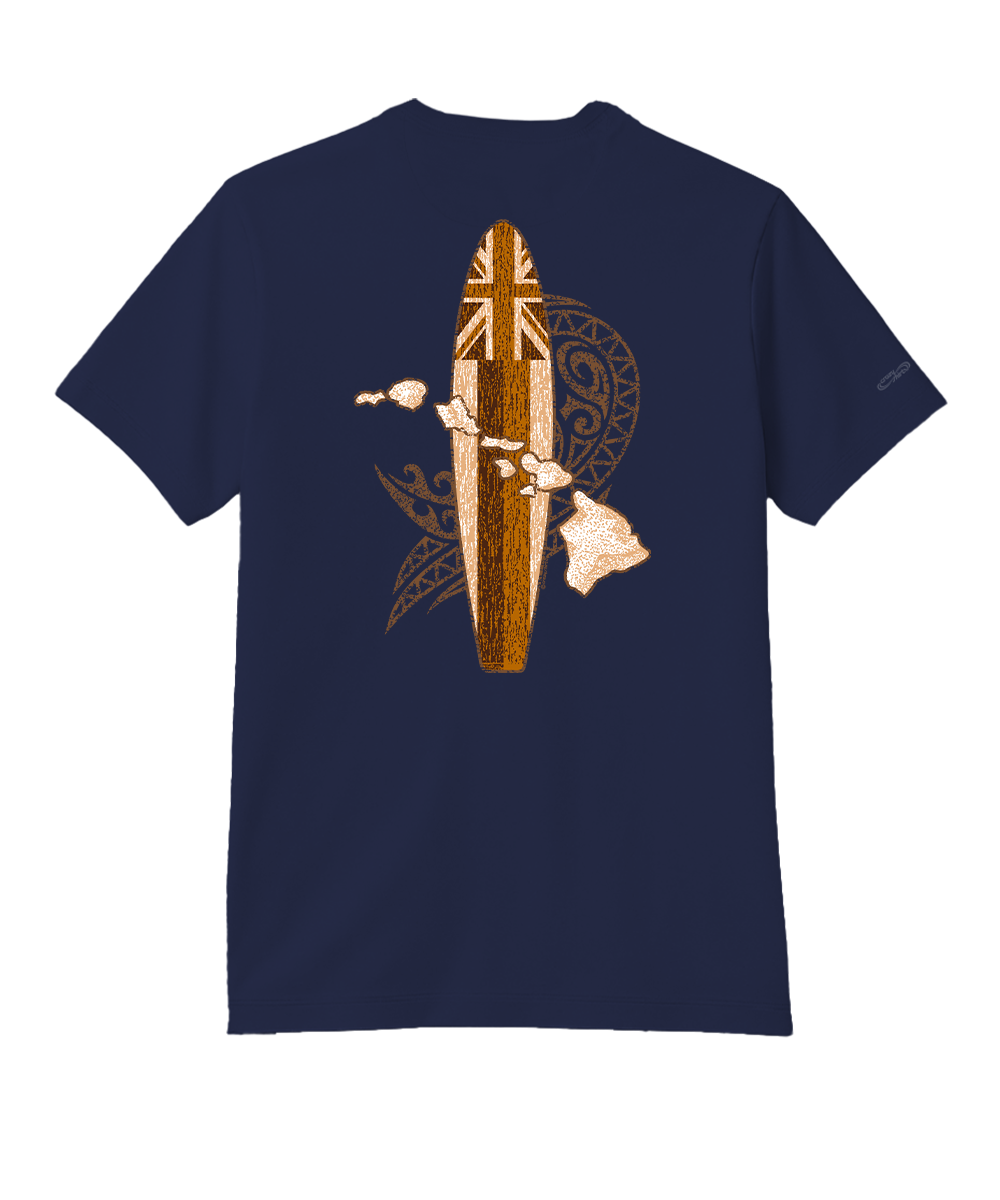 Navy blue t-shirt with a surfboard design on the back on a white background. View 1