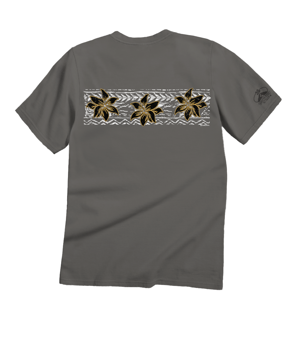 Gray t-shirt with linear floral design on the back against a white background View 4