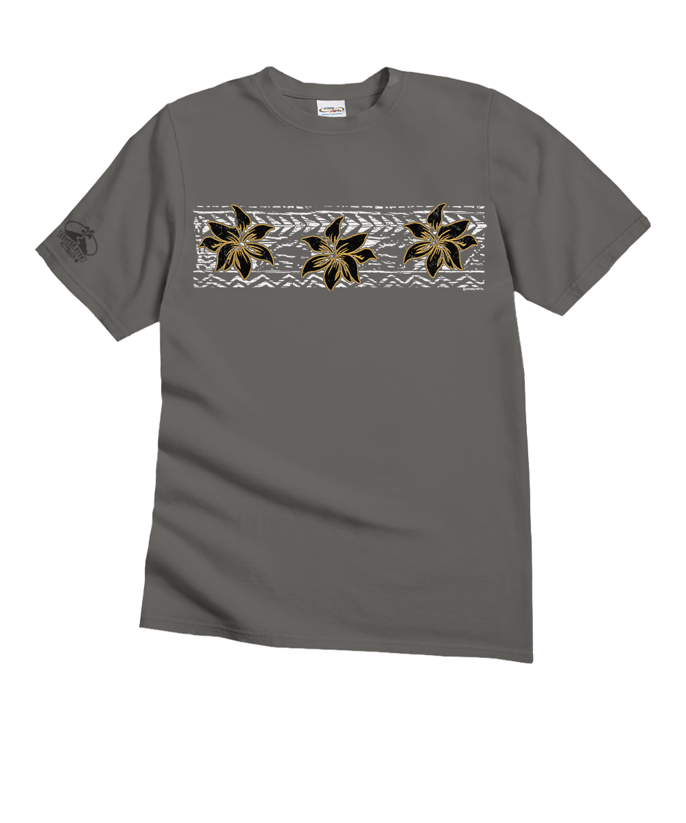 Gray t-shirt with a linear floral design on a white background View 1