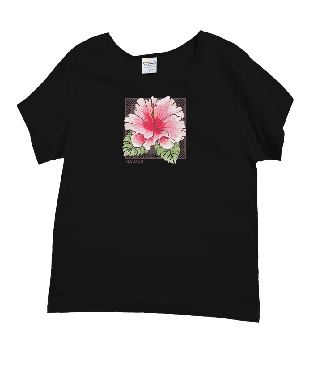 Black t-shirt with a pink floral design on a white background View 1