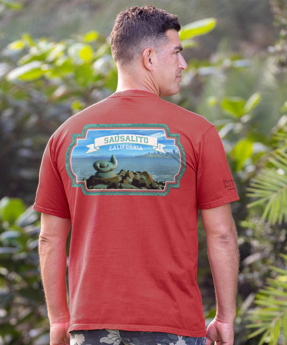 Man wearing a maroon t-shirt with a graphic design on the back, standing in front of greenery View 2