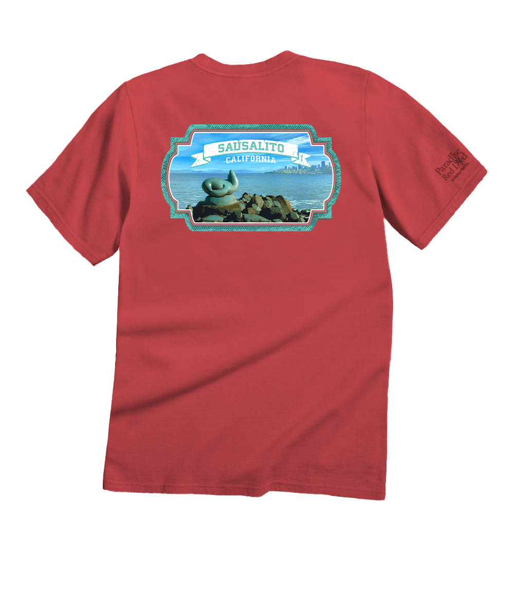 Maroon t-shirt with a graphic of a beach scene and 'Sausalito, California' text on the back. View 1