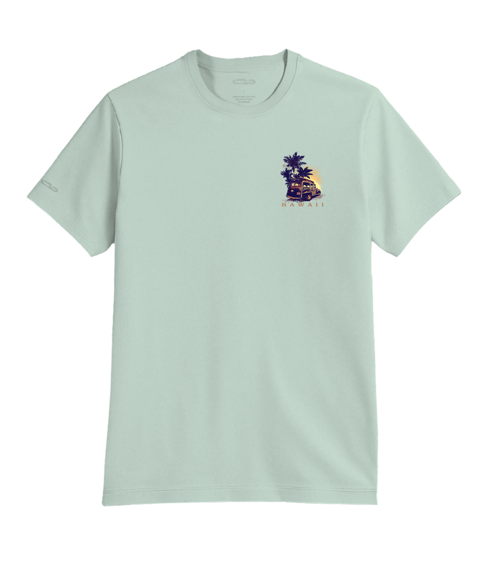 Light green t-shirt with a palm tree design on a white background View 4