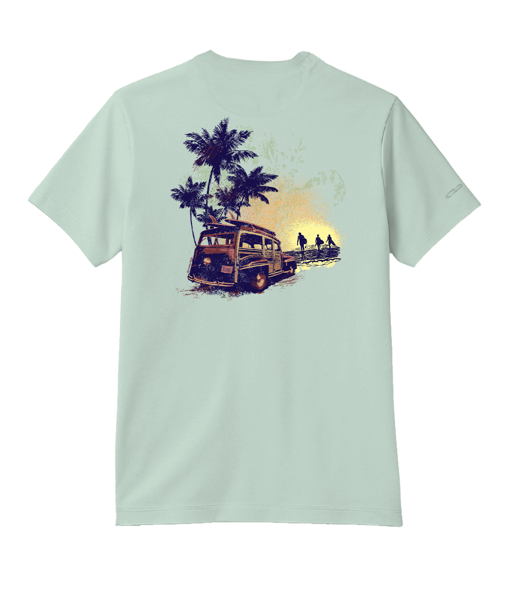 Light green t-shirt with a graphic of a van and palm trees on the back, on a white background View 1