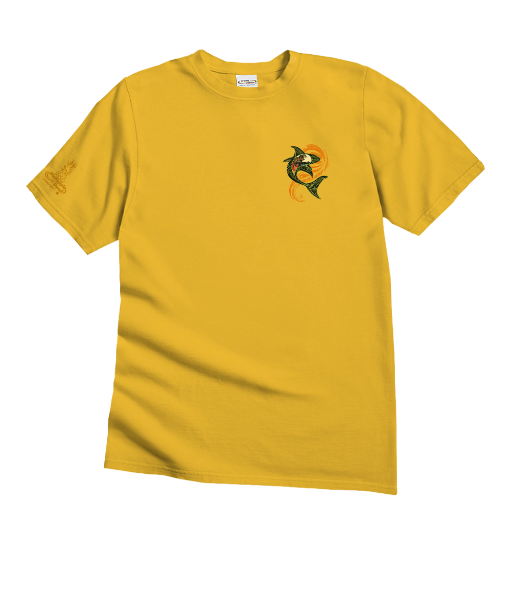 Yellow t-shirt with a small pocket graphic against a white background View 4