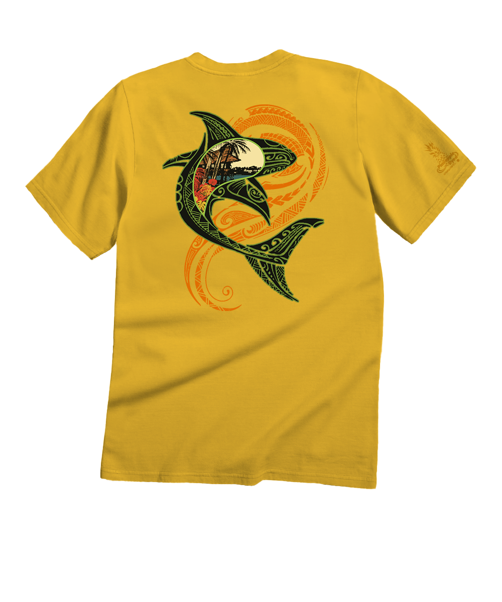 Yellow t-shirt with a tribal shark graphic on the back against a white background View 1