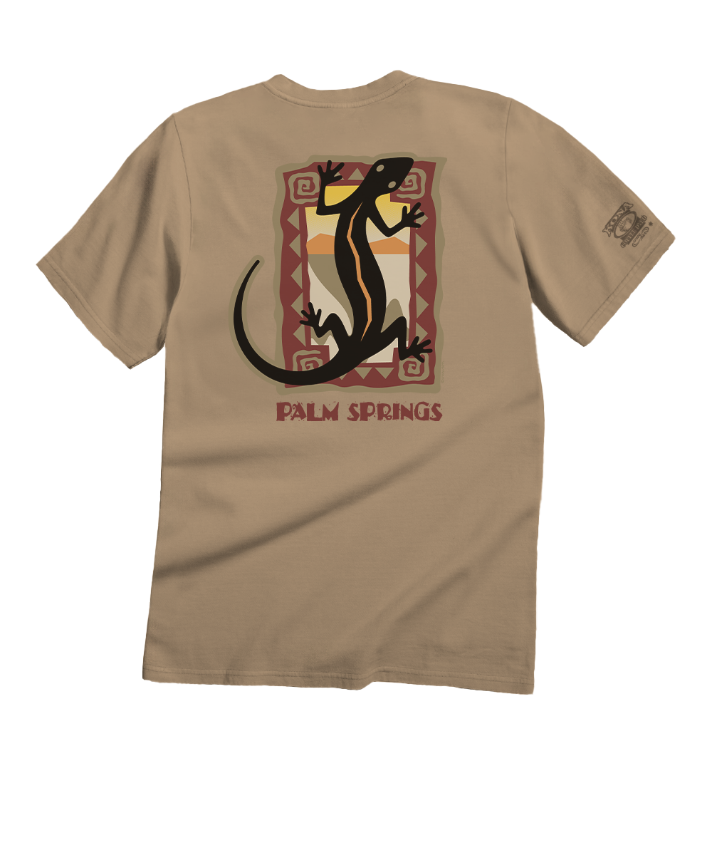 Beige t-shirt with a lizard graphic and 'Palm Springs' text on the back View 1