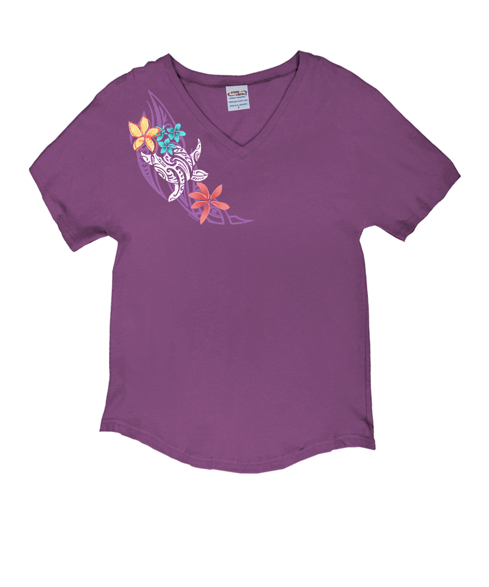 Purple t-shirt with a colorful graphic design on a white background View 1