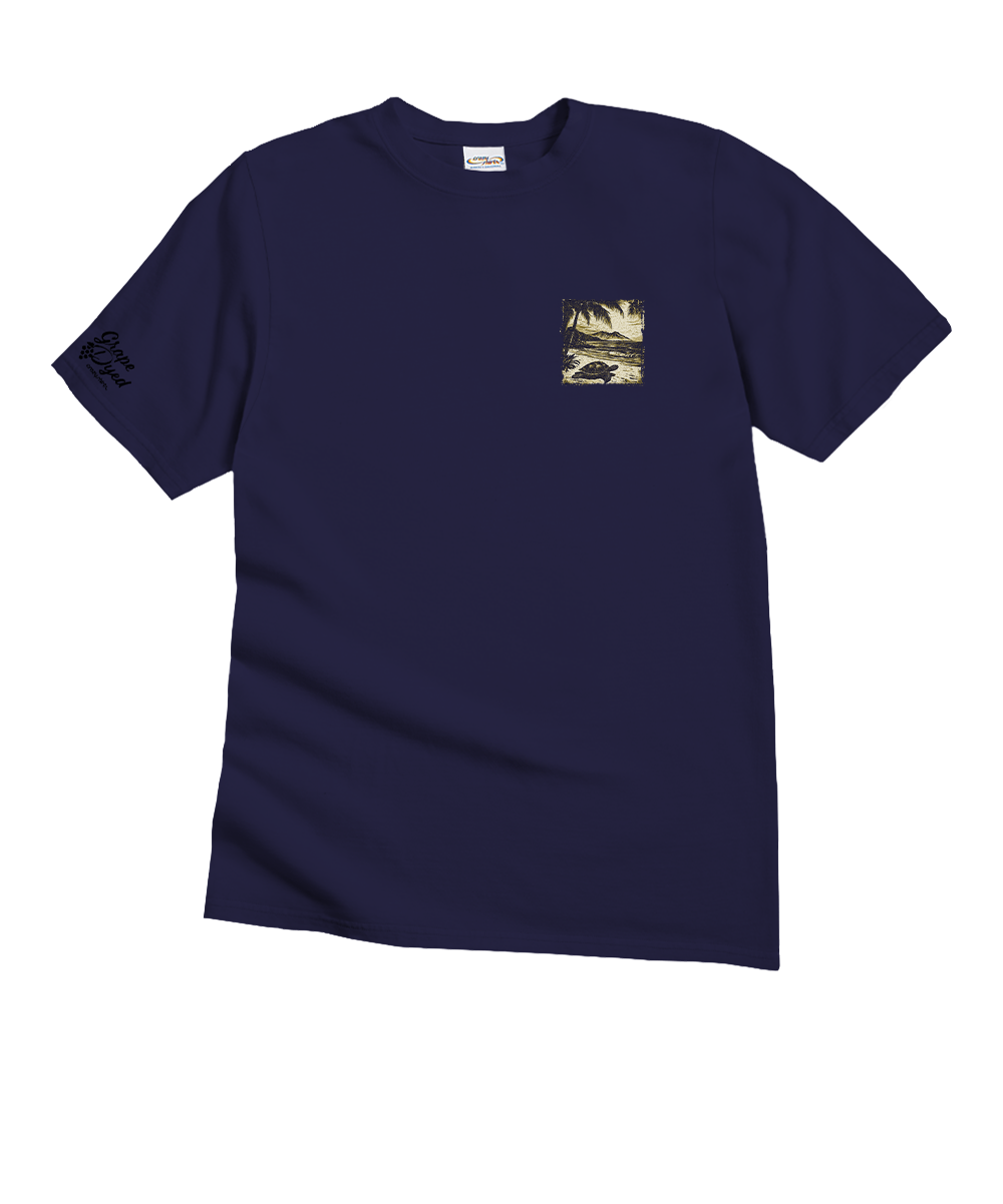 Bluish-purple t-shirt with a small graphic on the chest against a white background View 4