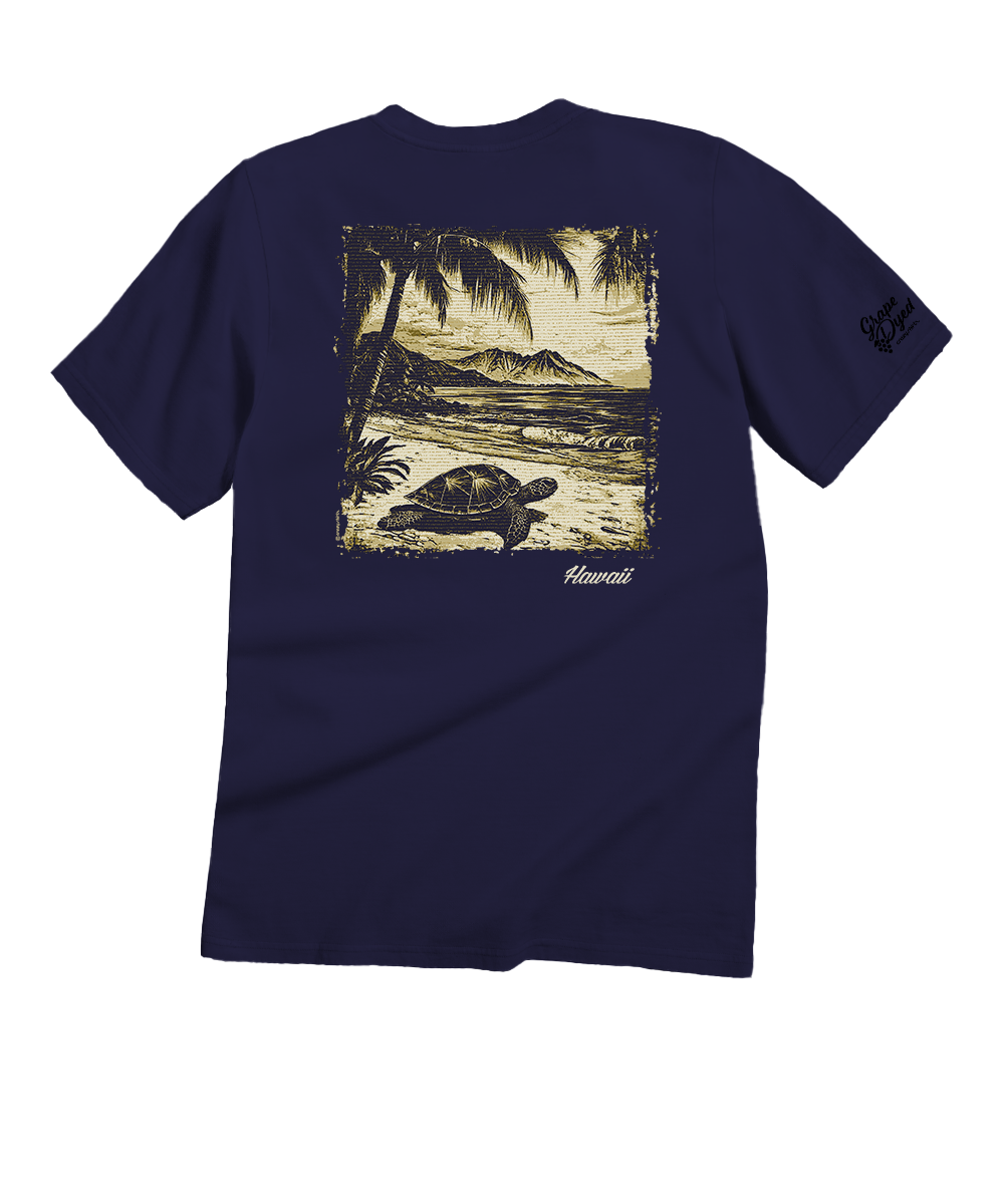 Bluish-purple t-shirt with a turtle and palm tree graphic on the back, on a white background. View 1