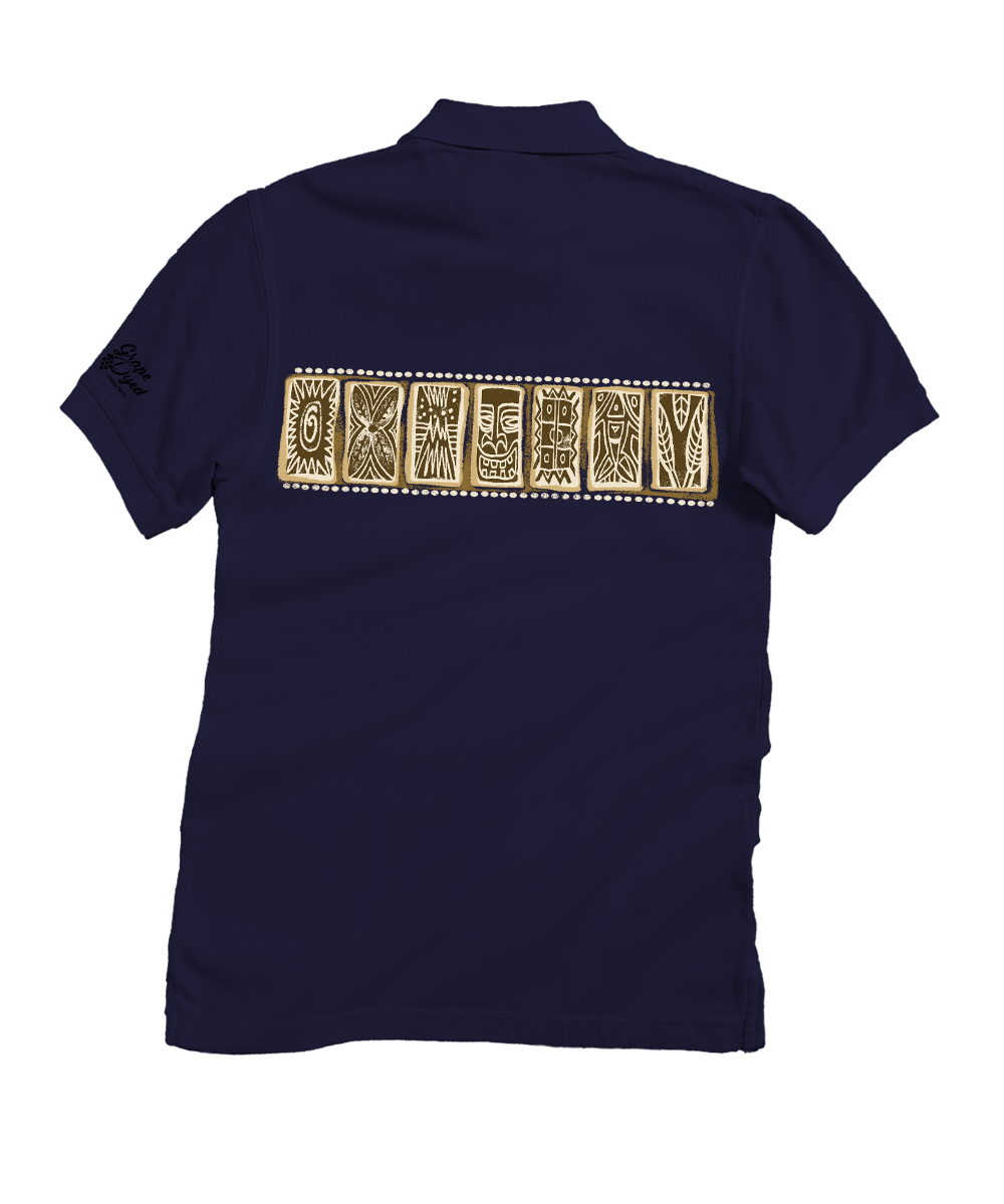 Navy blue polo shirt with gold pattern on the back against a white background View 4