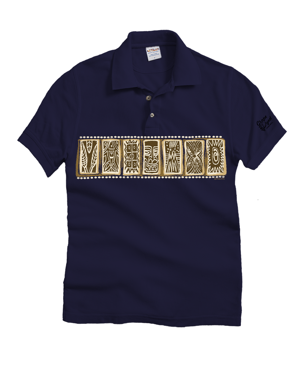 Navy blue polo shirt with gold decorative pattern on a white background View 1