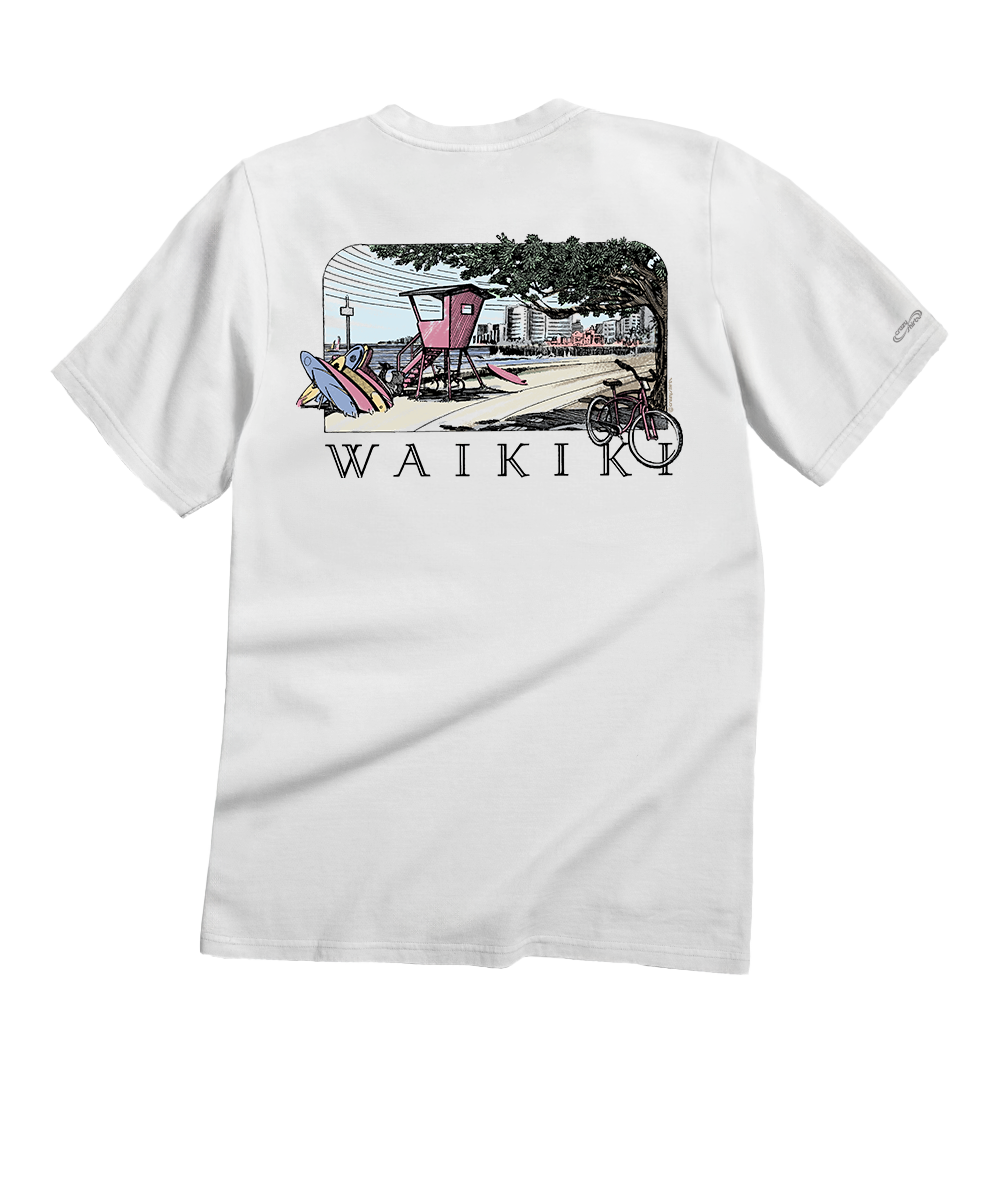 White t-shirt with a graphic of Waikiki and the word 'Waikiki' printed on it. View 1