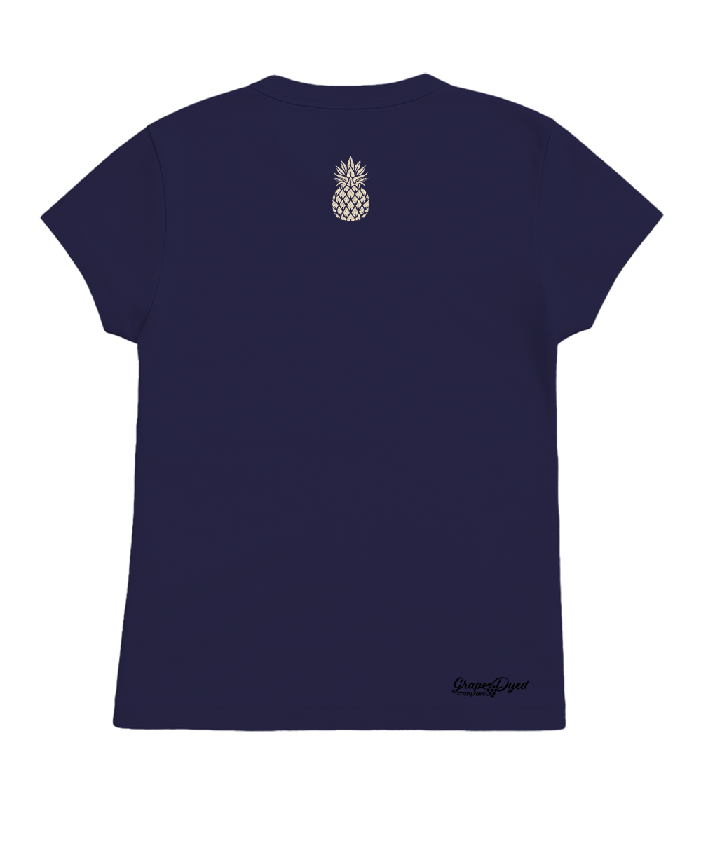 Navy blue t-shirt with a pineapple design on the back against a white background View 4