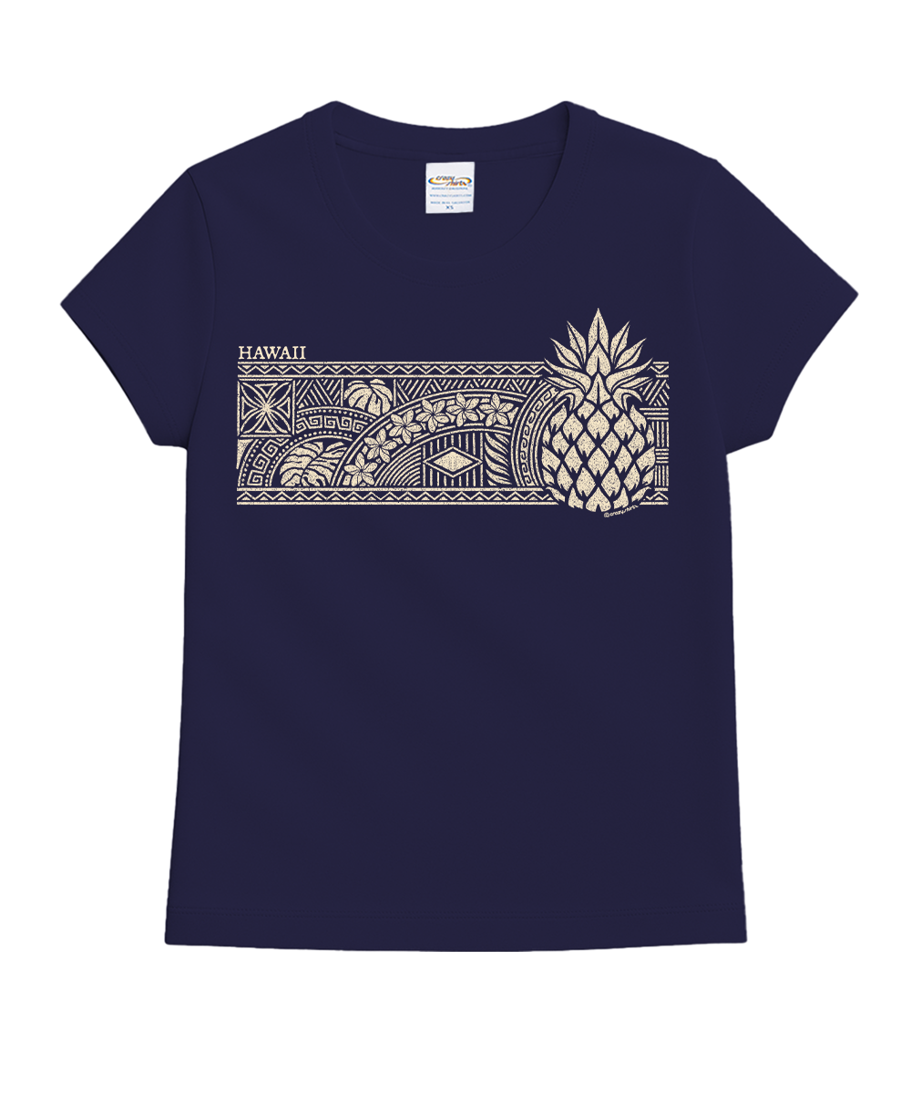Navy blue t-shirt with white pineapple design and 'Hawaii' text on a white background View 1