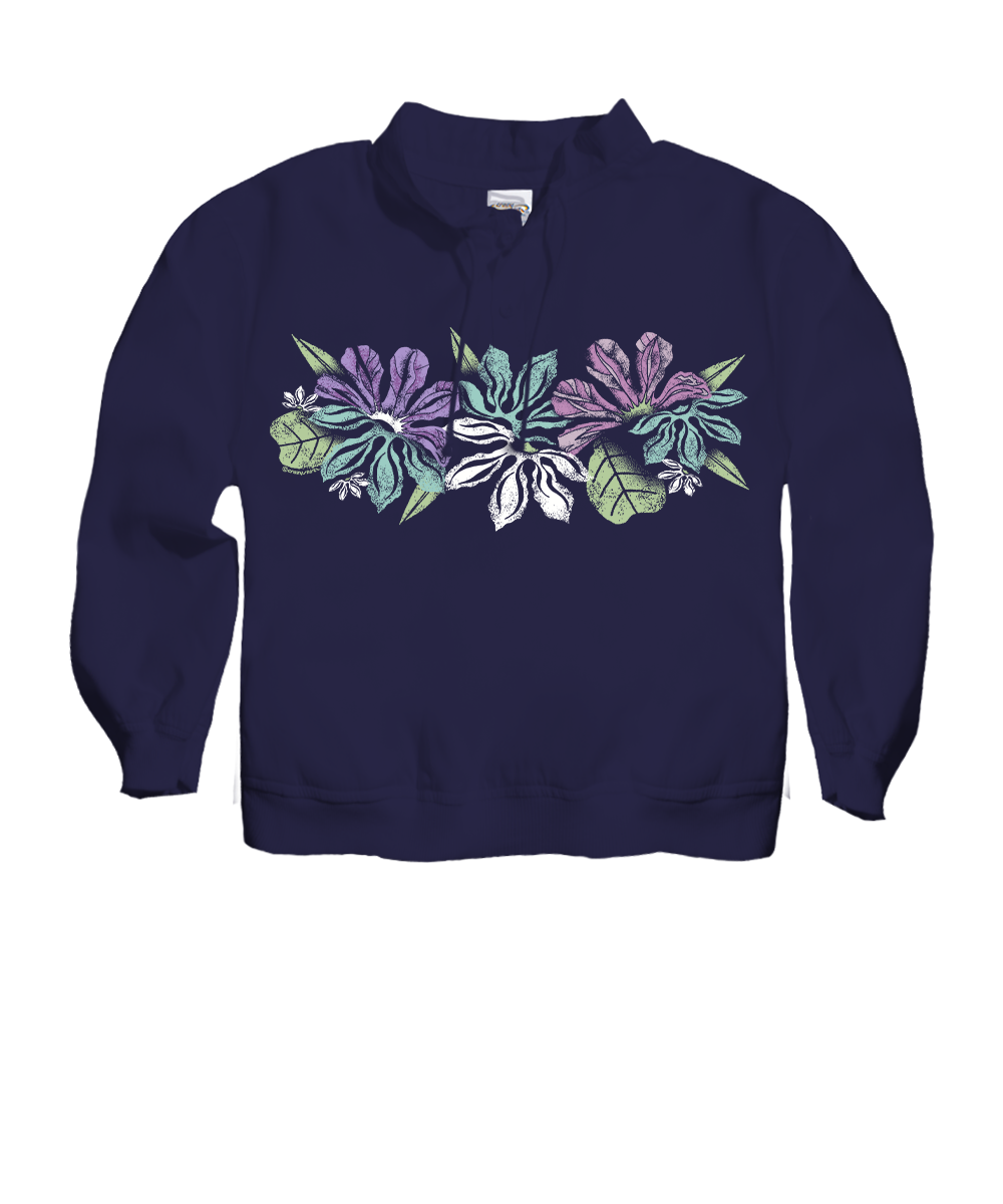 Navy blue sweatshirt with floral design on a white background View 1
