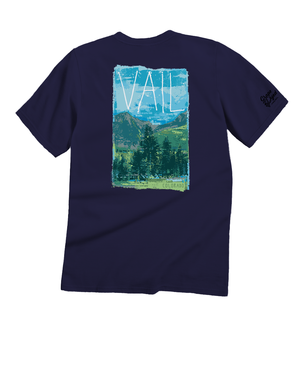 Purple t-shirt with a scenic graphic on the back, displayed against a white background. View 1